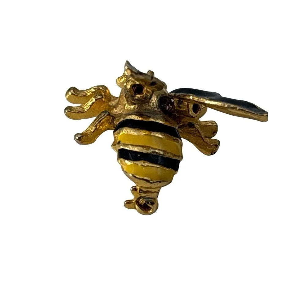 Vintage Gold Tone Black Yellow Enamel Trembler Wings Bumble Bee Brooch Pin